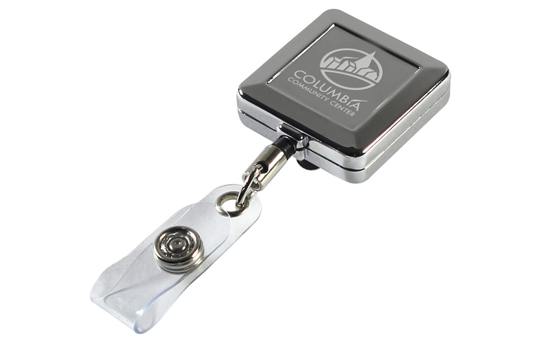 32 Cord Square Chrome Solid Metal Retractable Badge Reel and Badge Holder with Laser Imprint 32 Cord Square Chrome Solid Metal Retractable Badge Reel and Badge Holder with Laser Imprint
